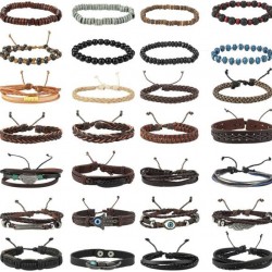 31Pcs Braided Leather Bracelets For Men Women Wooden Beaded Wrist Woven Cuff Wrap Bracelet Set Adjustable